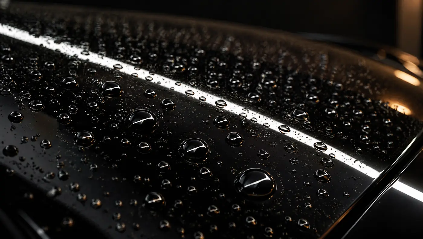 Illustration: water beads on glossy black paint.