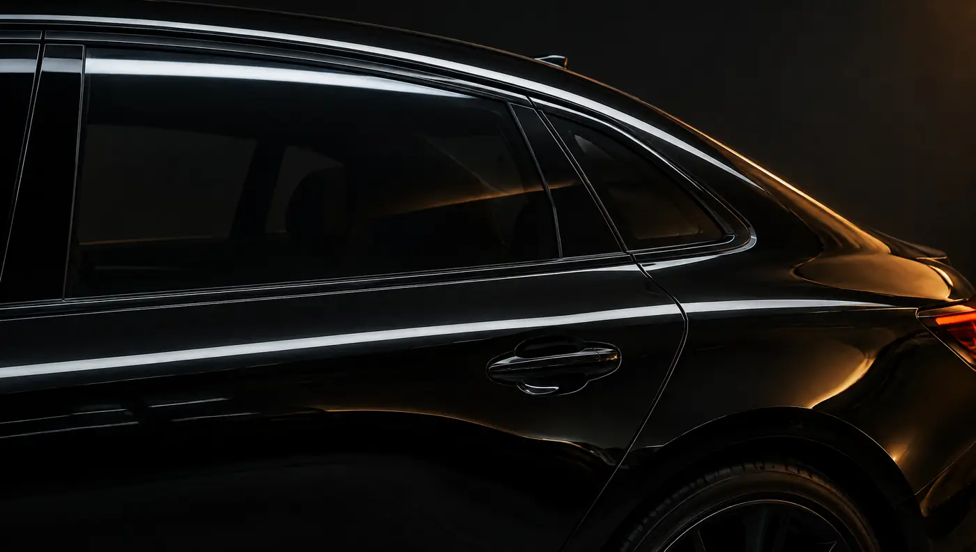 Illustration: the tinted rear side windows of a black car.